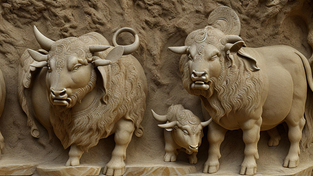 Detailed Sandstone Relief Carving of Three Bulls