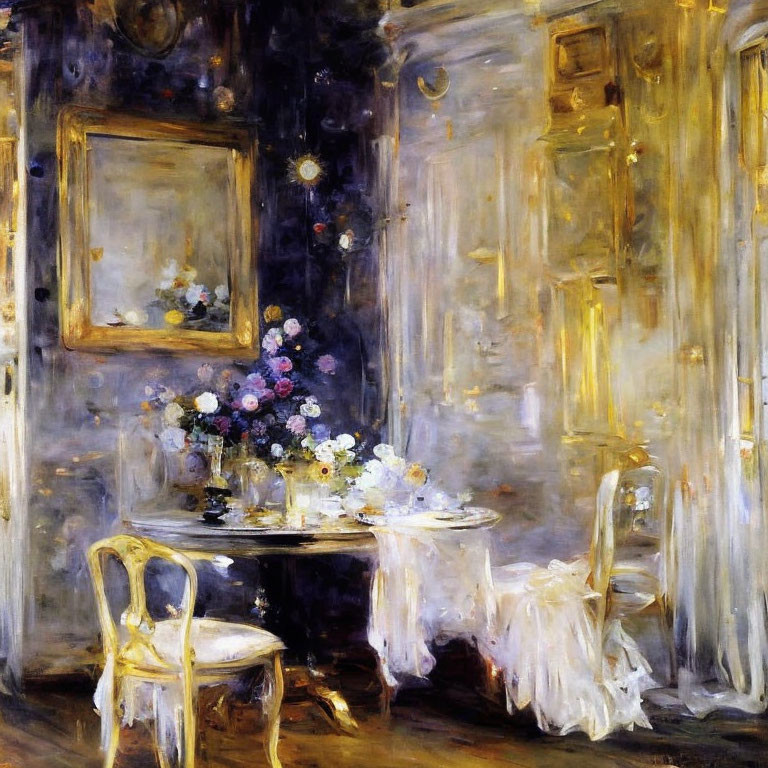 Impressionist painting of elegant room with tea set, flowers, gilded chairs