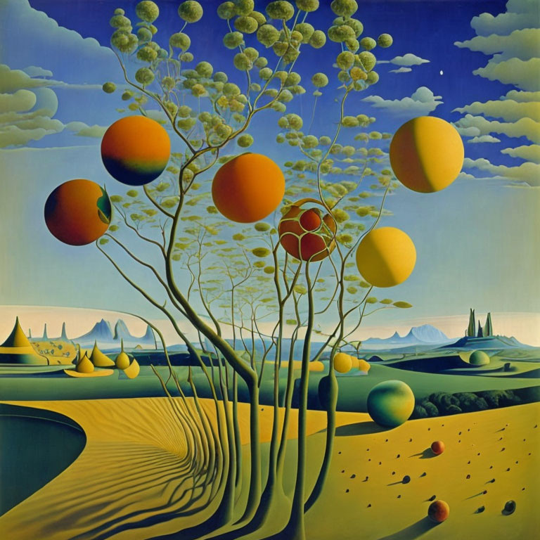 Surrealist painting: Tree with oversized fruit in desert landscape