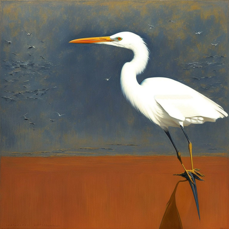 White egret with orange beak on one leg in nature scene