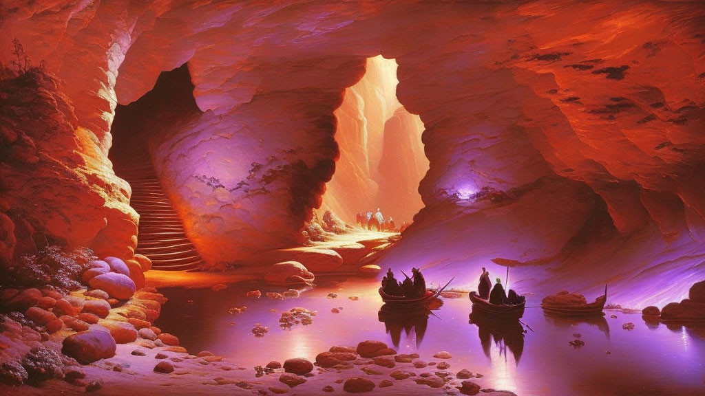 Explorers in boats navigate vibrant cavern with reflective water and group by entrance
