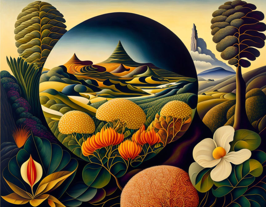 Colorful Surreal Landscape Painting with Rolling Hills and Circular Void