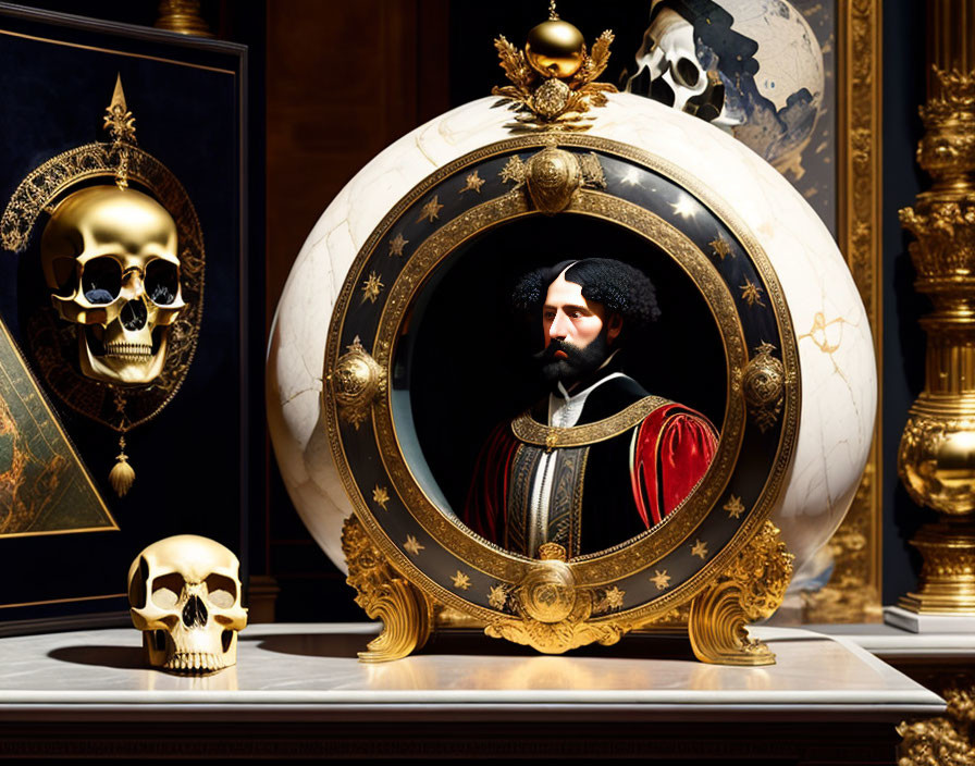 Circular Frame with Bearded Man Portrait and Golden Skulls on Luxurious Dark Background
