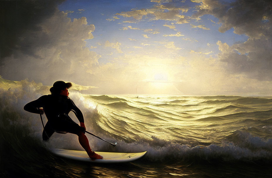 Surfer on Paddleboard Riding Wave at Sunset with Dramatic Clouds