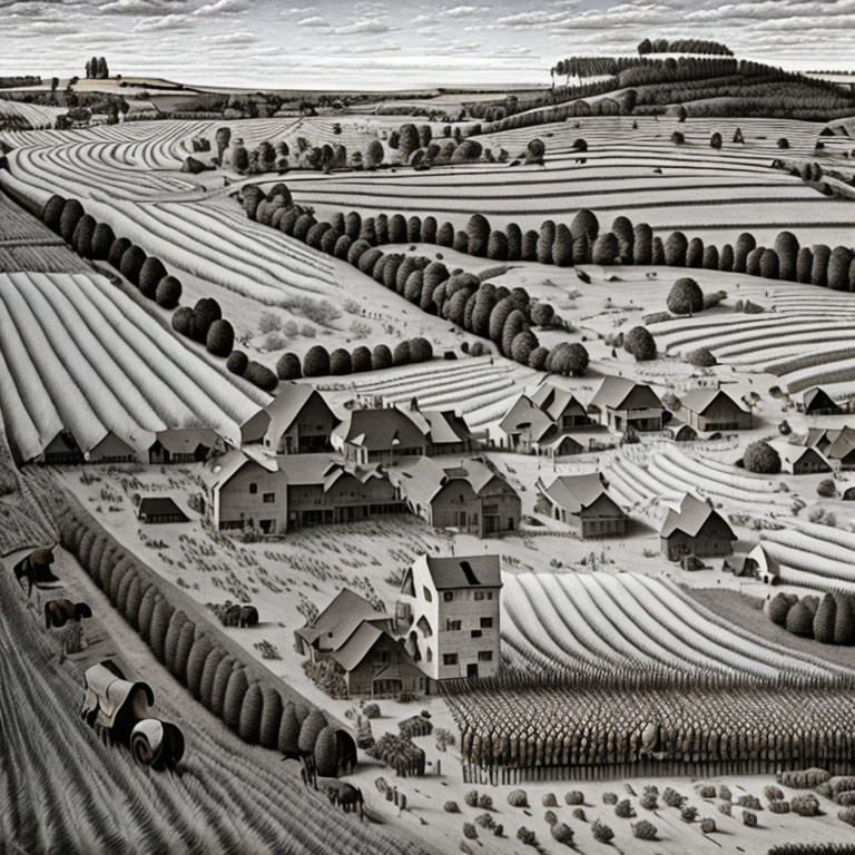 Monochromatic aerial view of rural landscape with patterned fields, hay bales, and clustered houses