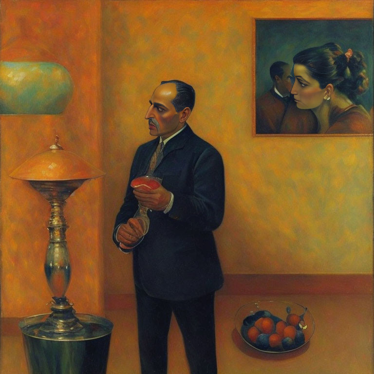 Pensive man in suit with glass, lamp, fruit bowl, and portrait in background
