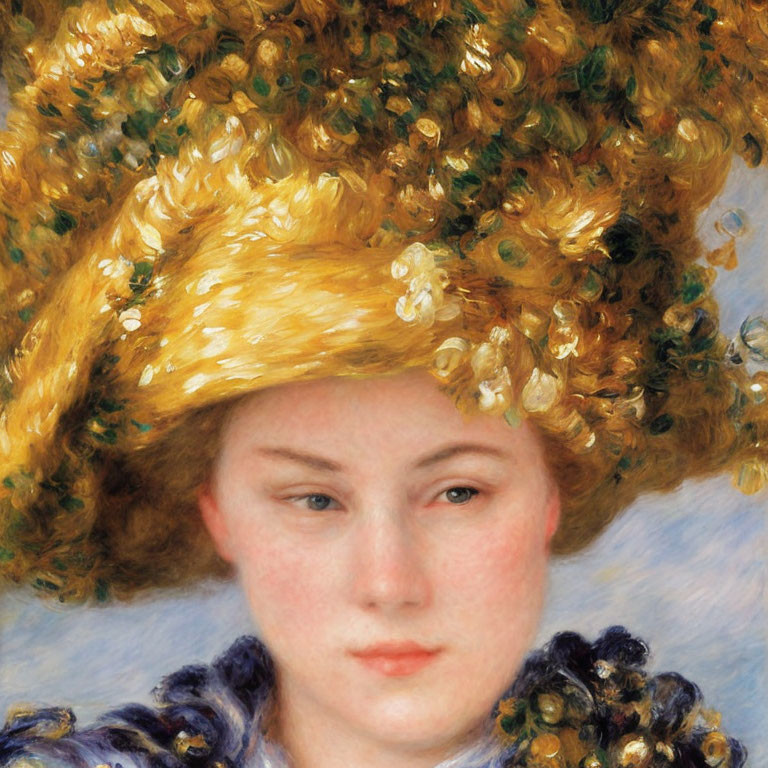 Detailed Impressionistic Painting of Woman with Golden Floral Hat