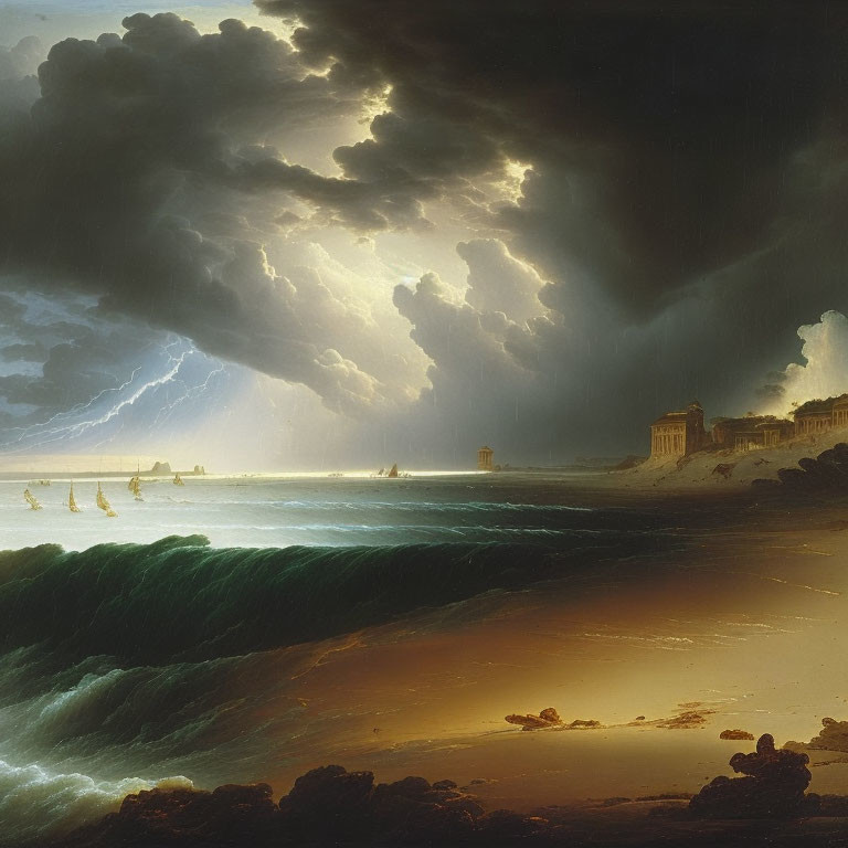 Stormy Sea Maritime Painting with Lightning and Sailing Ships