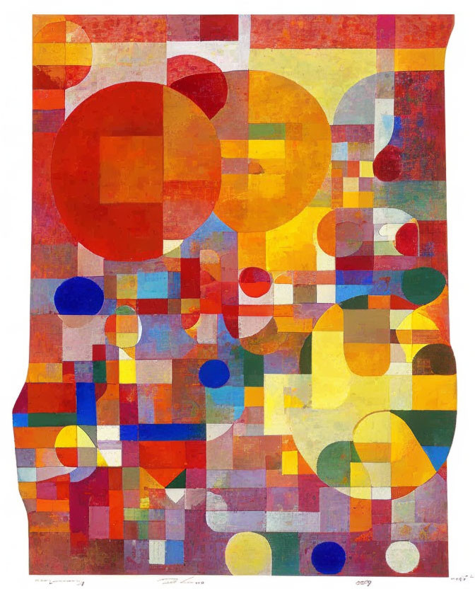 Vibrant abstract painting with geometric shapes and colorful mosaic