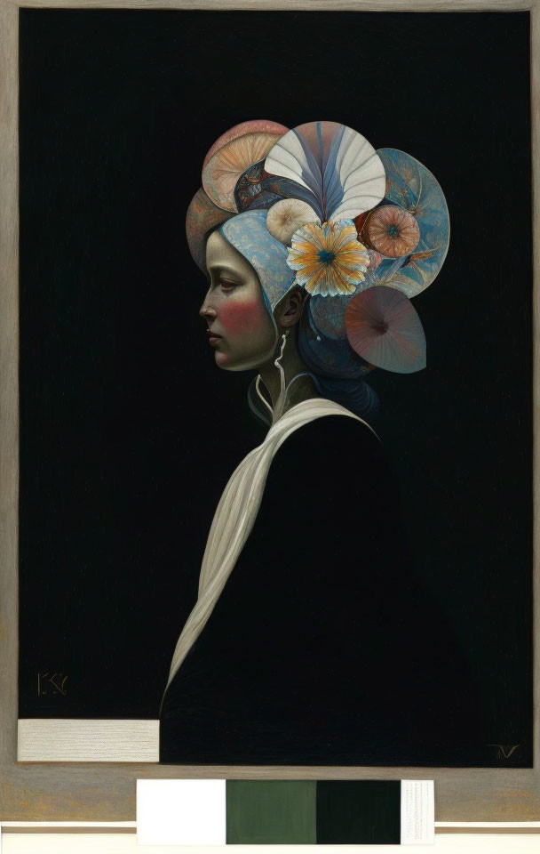 Profile portrait of woman with large floral headdress on dark background