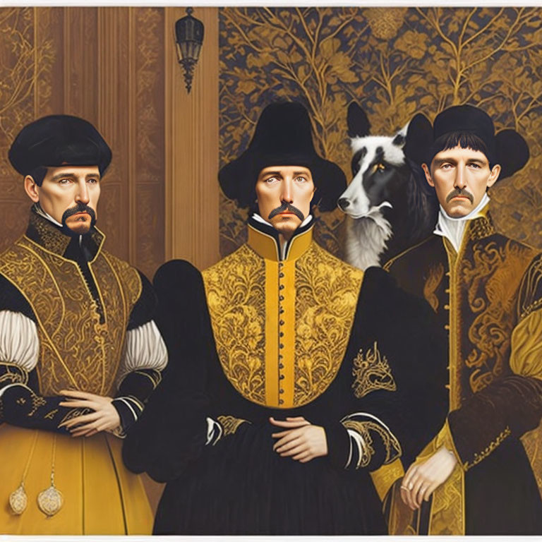 Three individuals in Renaissance attire with a llama, against decorative backdrop