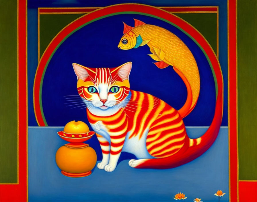 Colorful Striped Cat Painting with Floating Fish and Geometric Frames