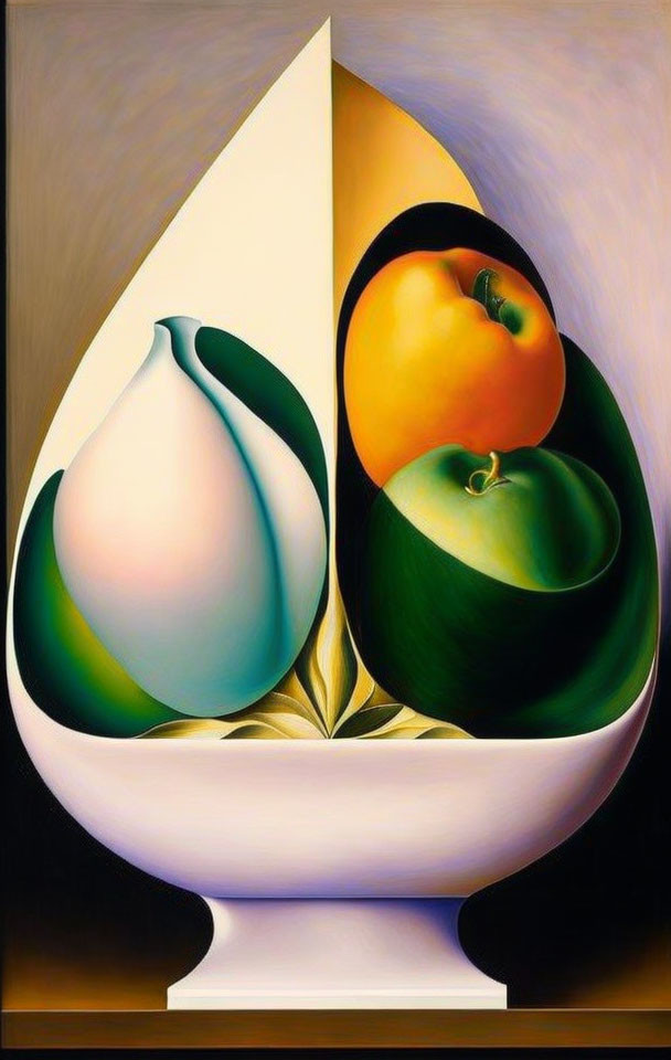 Abstract Surrealist Fruit Bowl Painting with Pear, Apple, and Peach