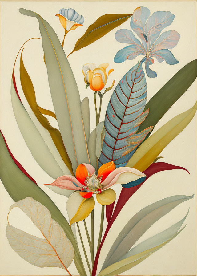 Colorful Botanical Illustration with Detailed Flowers and Leaves on Pale Background