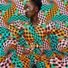 Colorful Woman in Patterned Outfit with Abstract Background