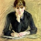 Woman Writing Surrounded by Papers in Impressionist Style