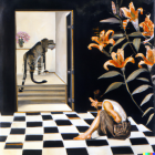 Woman crouching inside room gazes at tiger in colorful garden.