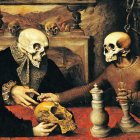 Four surreal figures with skull faces in Renaissance attire with a child.