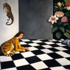 Surreal painting of two tigers in room with checkered flooring