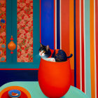 Calico Cat in Red-Orange Pot with Patterned Walls