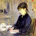 Young girl writing at desk in dark blue dress with quill and papers.