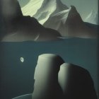 Surreal icy mountains landscape with figure and yellow orb at twilight