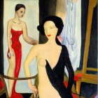 Surrealist-style painting featuring two women in elegant room
