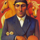 Solemn-faced man in blue jacket with horse figurine, stylized horses on red backdrop