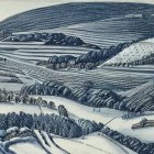 Stylized winter landscape with snow-covered hills, bare trees, starry sky, fields, and