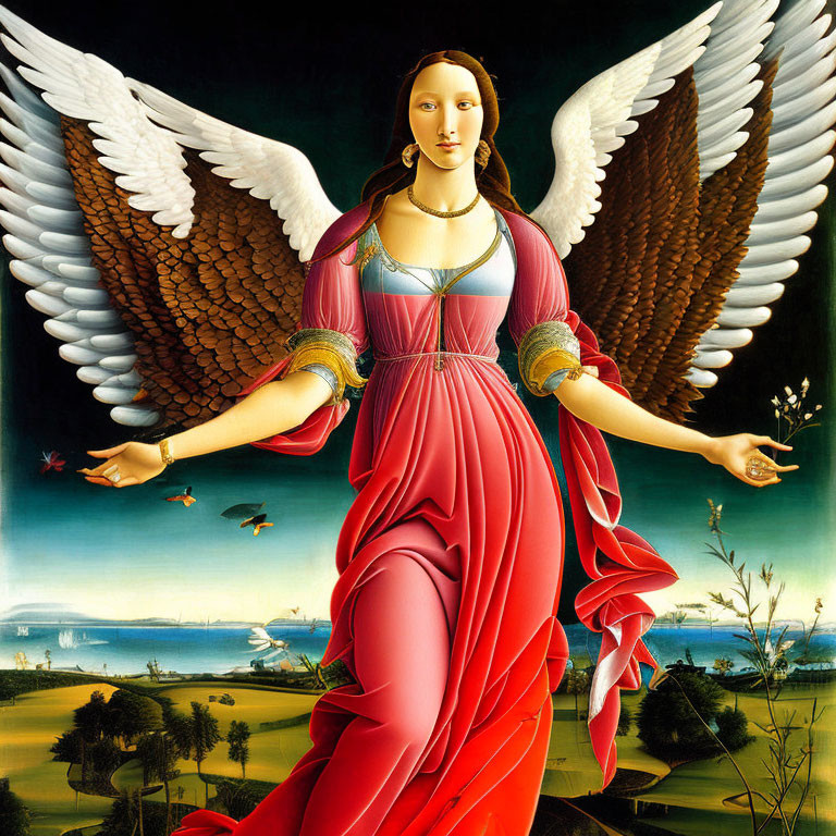 Angelic figure with wide wings in red dress with blue and gold details against landscape.