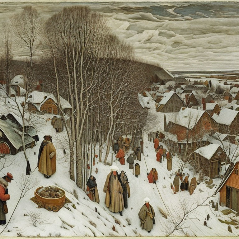 Snow-covered village painting with people, bare trees, wooden houses, cloudy sky