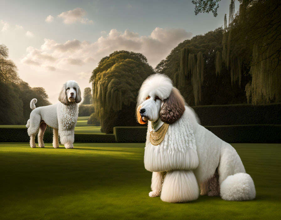 Fluffy White Dogs Posing on Manicured Lawn