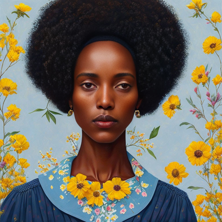 Portrait of Woman with Afro Surrounded by Yellow Flowers on Blue Background