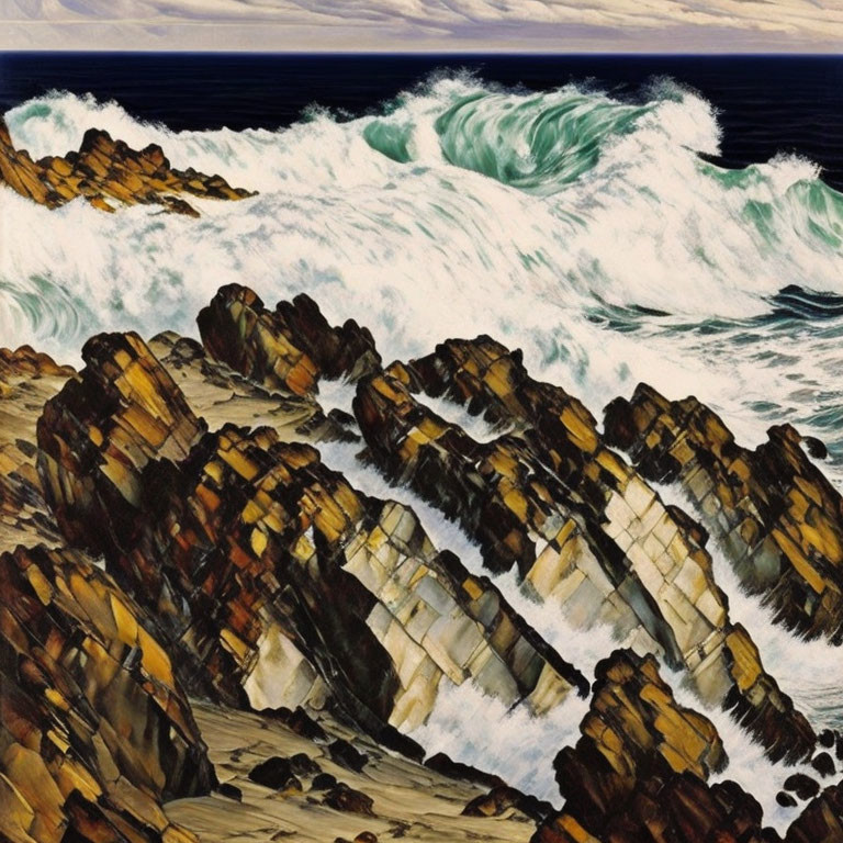Vivid painting of waves crashing on jagged rocks