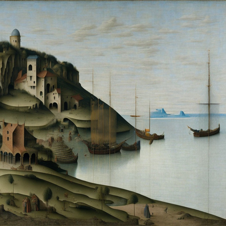 Coastal landscape painting with sailing ships, port activities, and sea castle.
