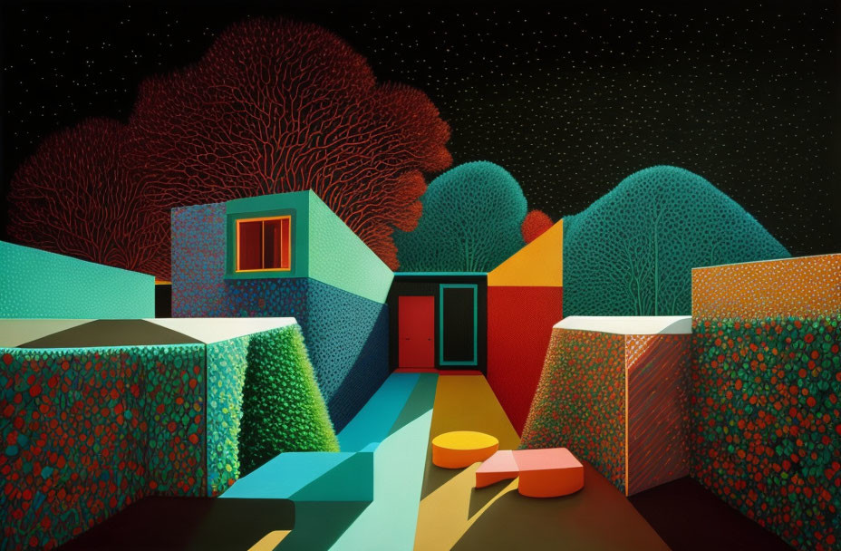 Colorful Stylized Artwork: Surreal Village Scene with Geometric Houses