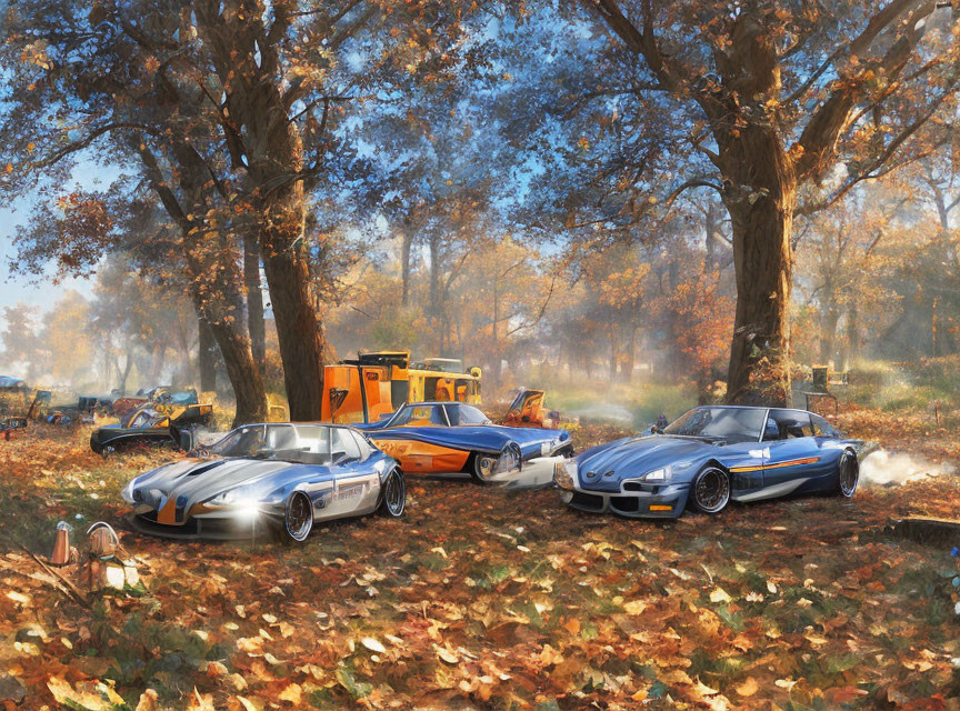 Forest clearing with sports cars, digger, and camping gear under golden trees
