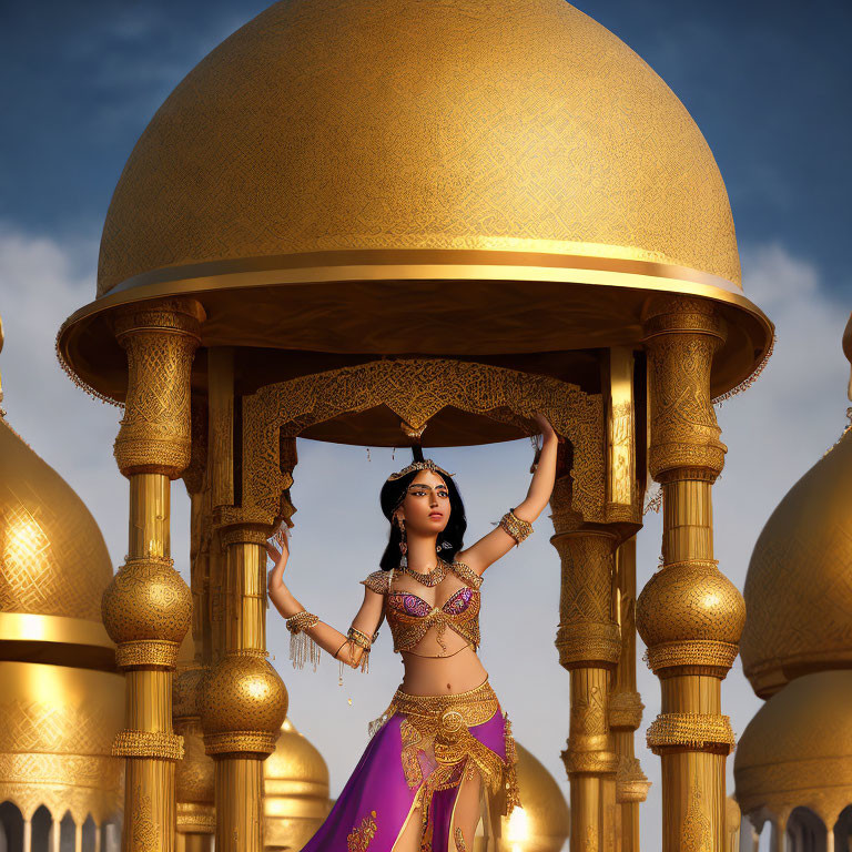 Traditional Indian Attire Woman Poses Under Golden Dome at Dusk