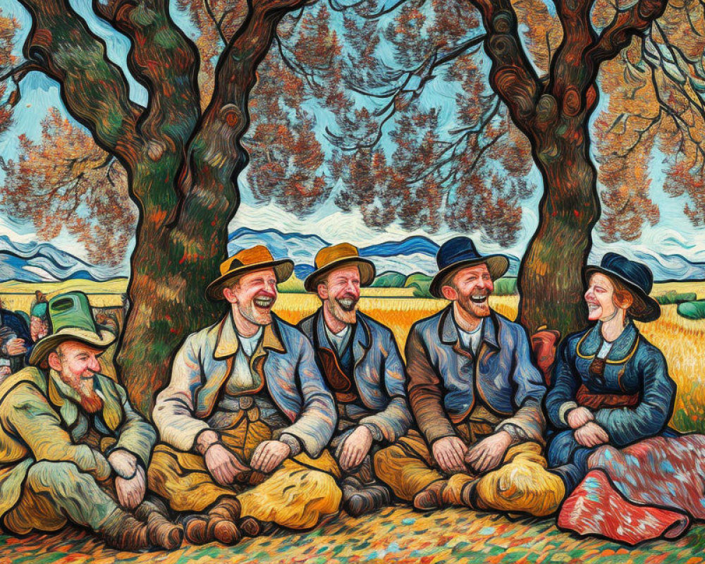 Colorful painting of five people in vintage clothing, laughing under autumn trees.