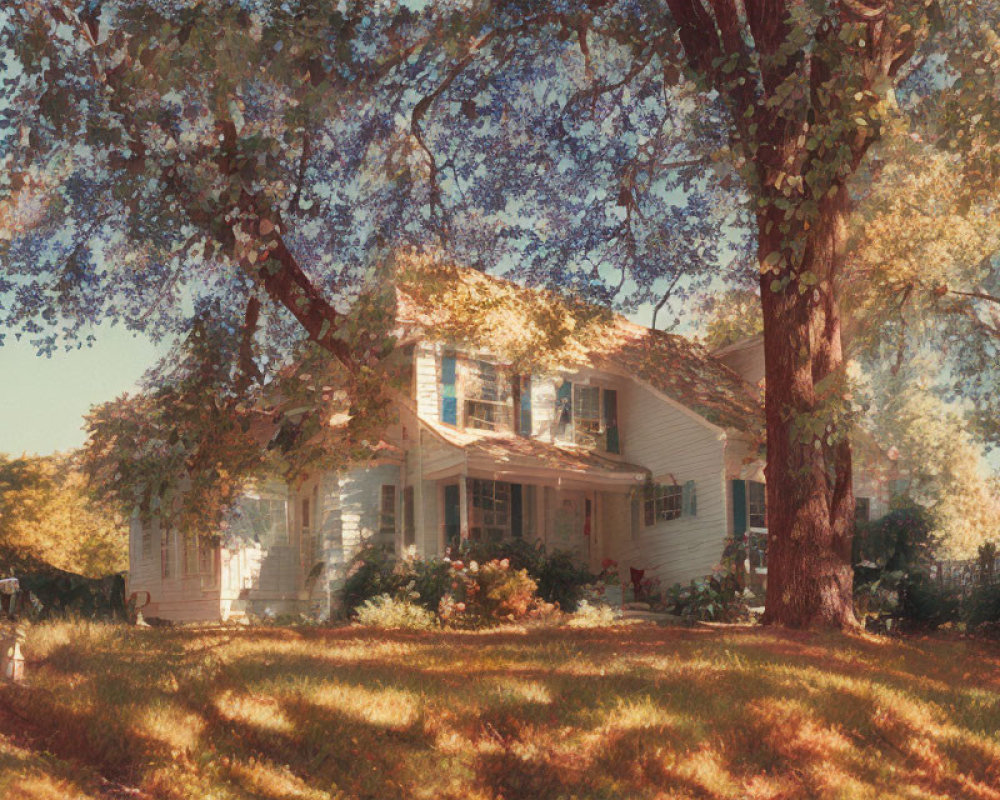 Charming white house with porch under autumn trees and dappled sunlight