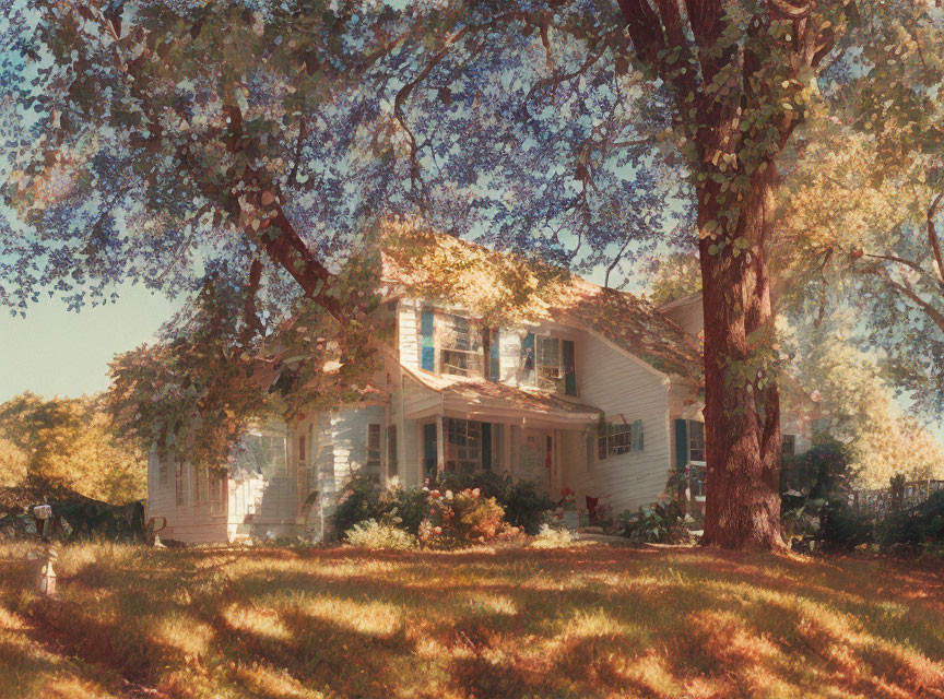 Charming white house with porch under autumn trees and dappled sunlight