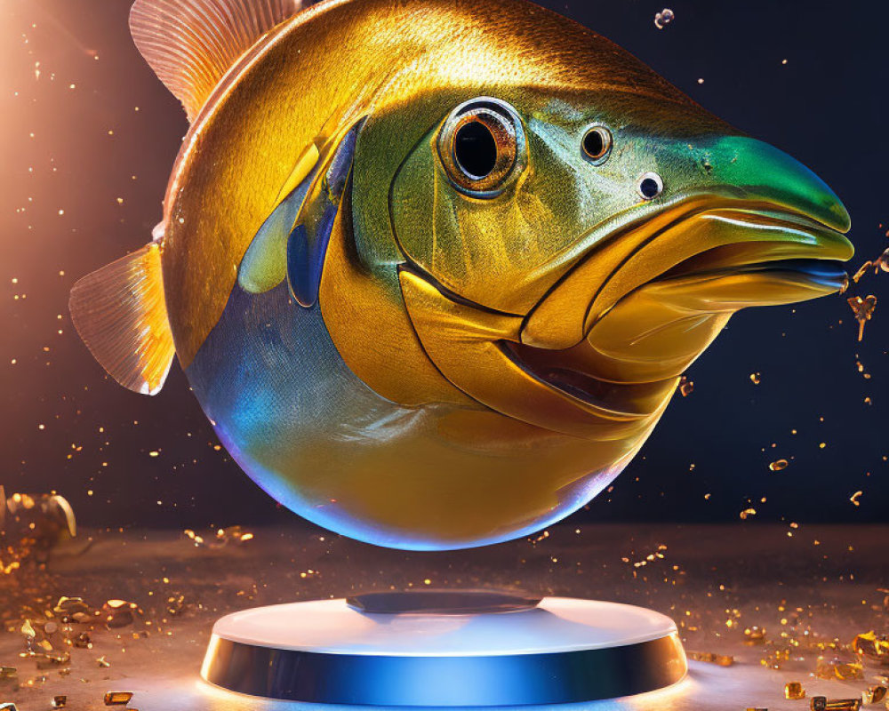 Detailed Golden Fish Sculpture on Pedestal with Floating Particles in Dark Background