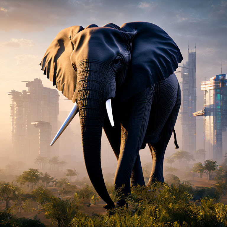 Elephant in front of futuristic skyscrapers and misty landscape