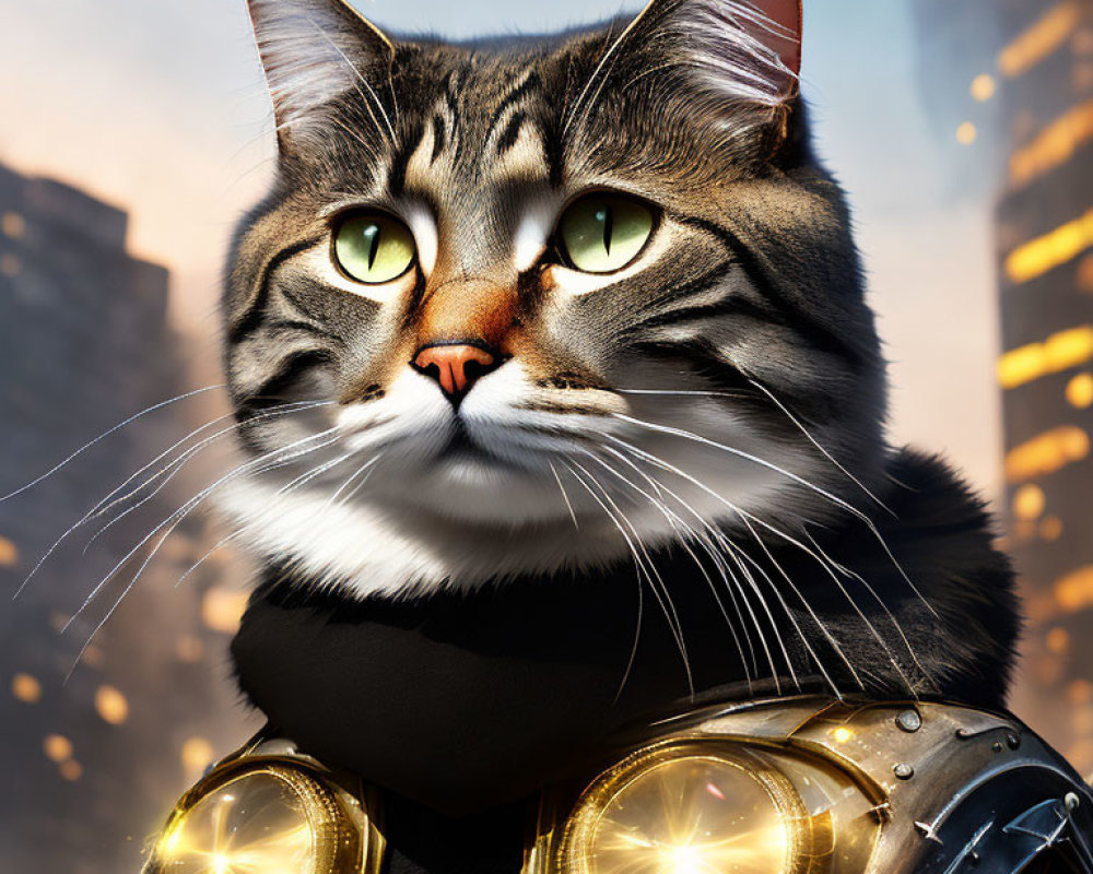 Green-eyed cat in sci-fi suit against urban sunset.
