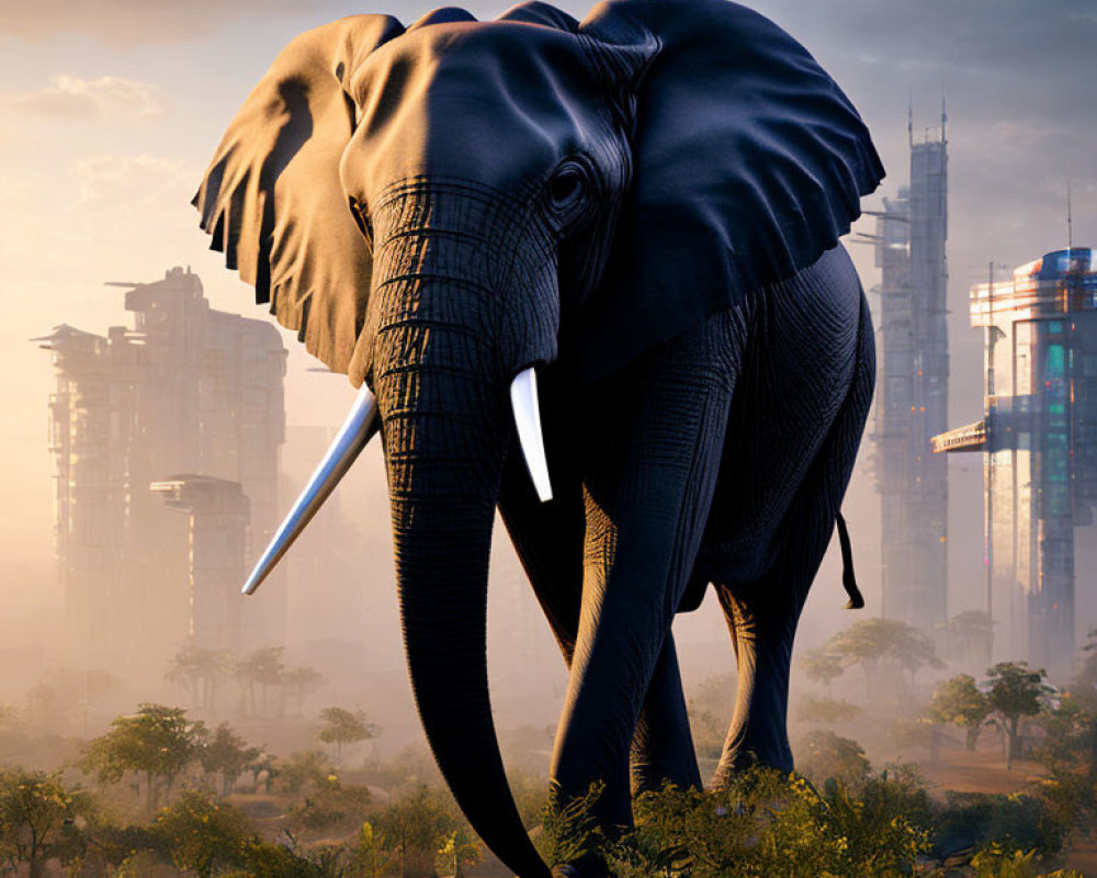Elephant in front of futuristic skyscrapers and misty landscape