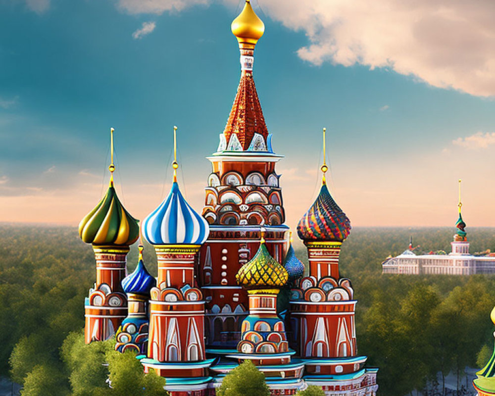 Colorful Saint Basil's Cathedral with onion domes in nature scene
