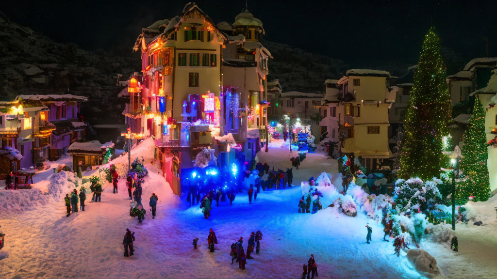 Snow-covered village night scene with colorful lights and Christmas tree