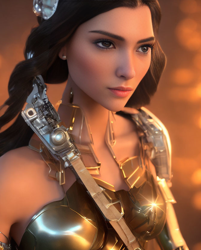 Photorealistic female cyborg with mixed body parts and golden lighting
