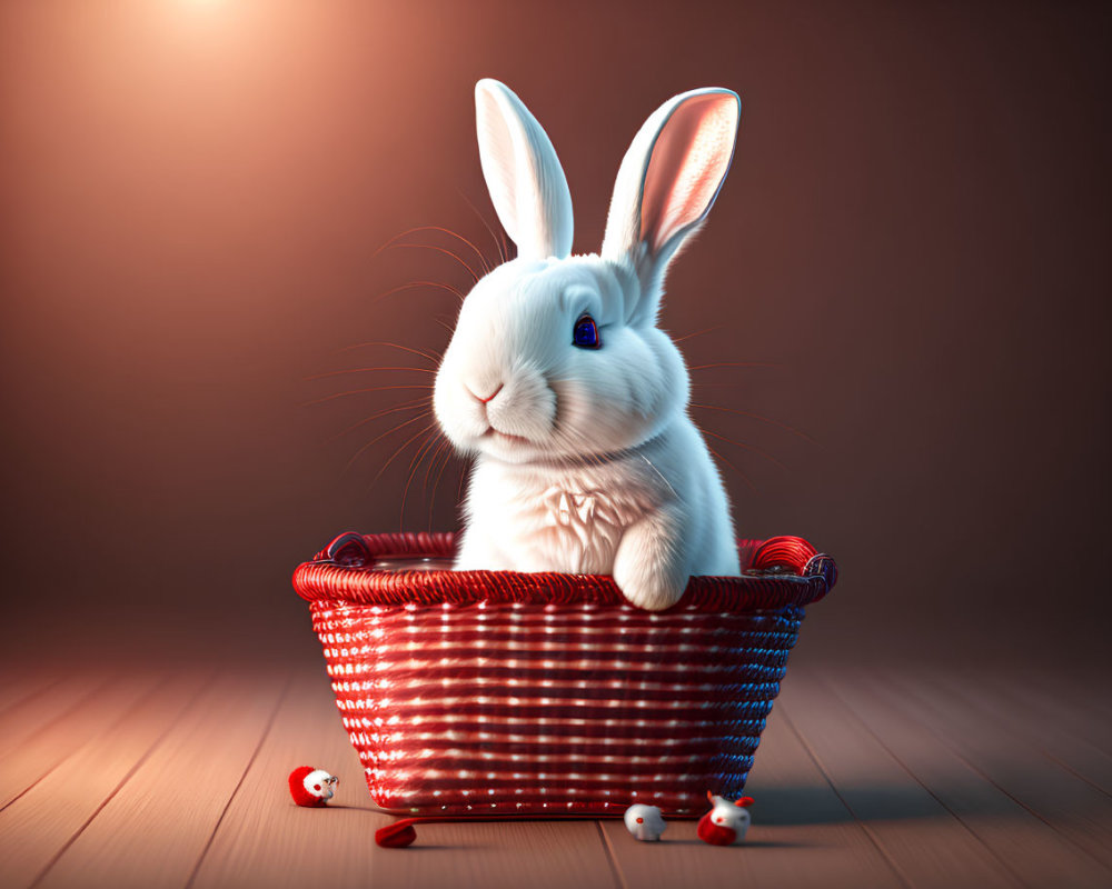 White Rabbit with Blue Eyes in Red and White Basket on Brown Background