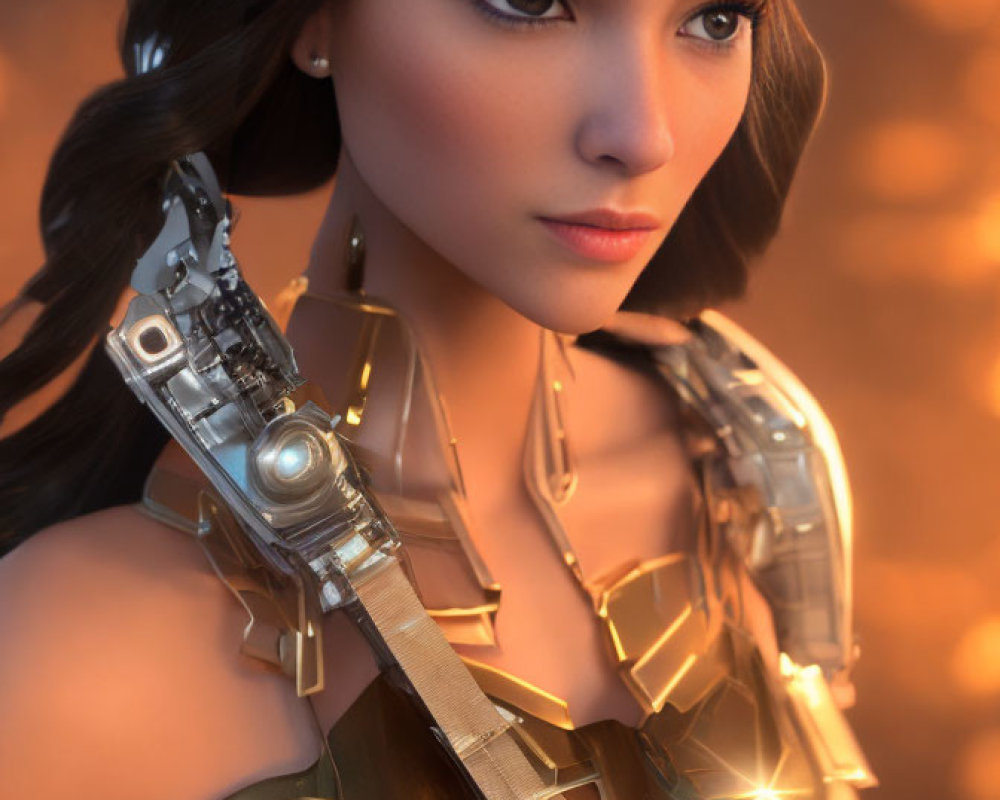 Photorealistic female cyborg with mixed body parts and golden lighting